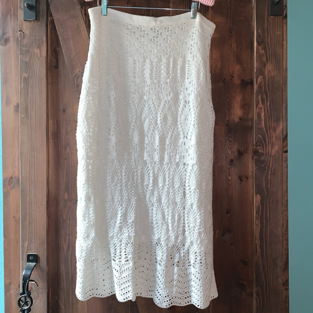 Vintage Dialogue White L Crochet Maxi Skirt Lined Stretchy Boho Beach Coastal